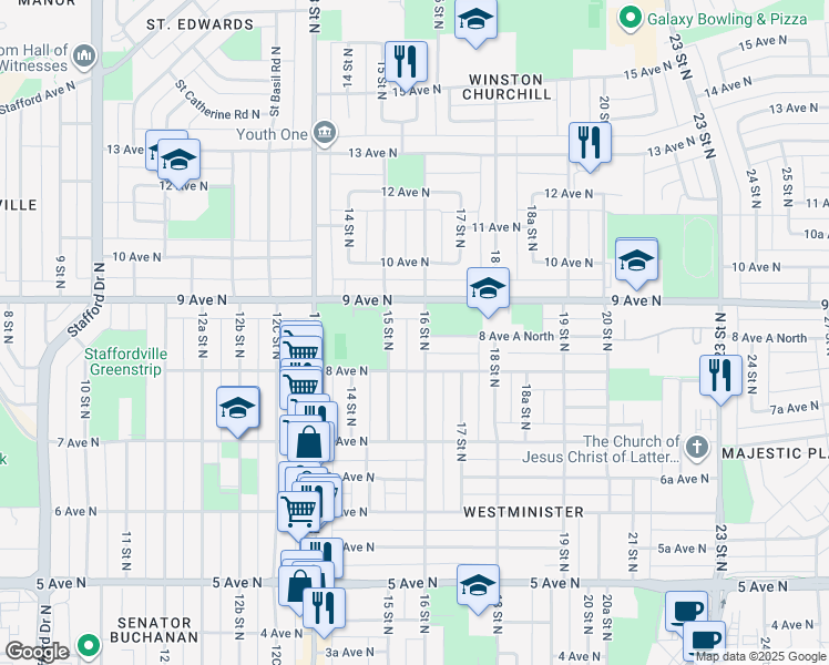 map of restaurants, bars, coffee shops, grocery stores, and more near 809 16 Street North in Lethbridge