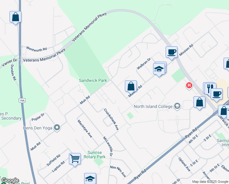 map of restaurants, bars, coffee shops, grocery stores, and more near 4686 Alderwood Place in Courtenay