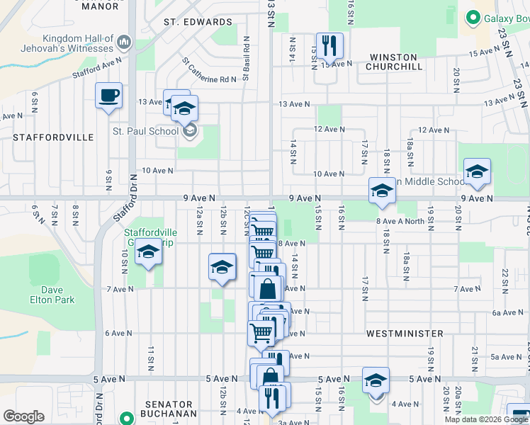 map of restaurants, bars, coffee shops, grocery stores, and more near 832 13 Street North in Lethbridge