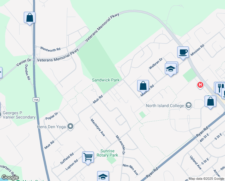 map of restaurants, bars, coffee shops, grocery stores, and more near 2655 Muir Road in Courtenay