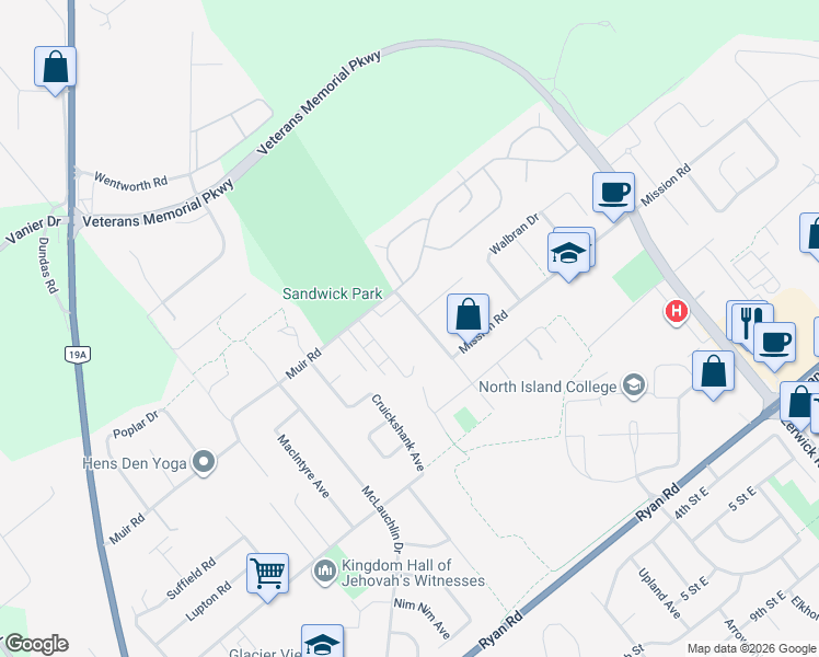 map of restaurants, bars, coffee shops, grocery stores, and more near 4699 Muir Road in Courtenay