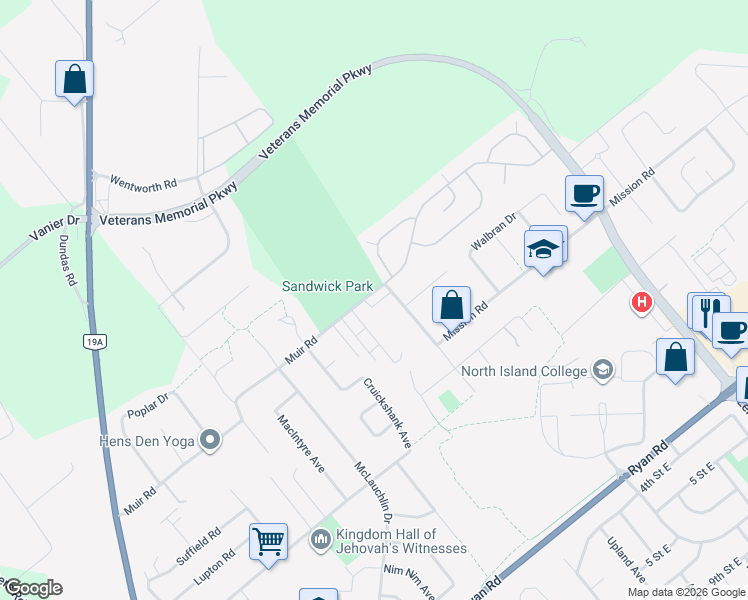 map of restaurants, bars, coffee shops, grocery stores, and more near 2625 Muir Road in Courtenay