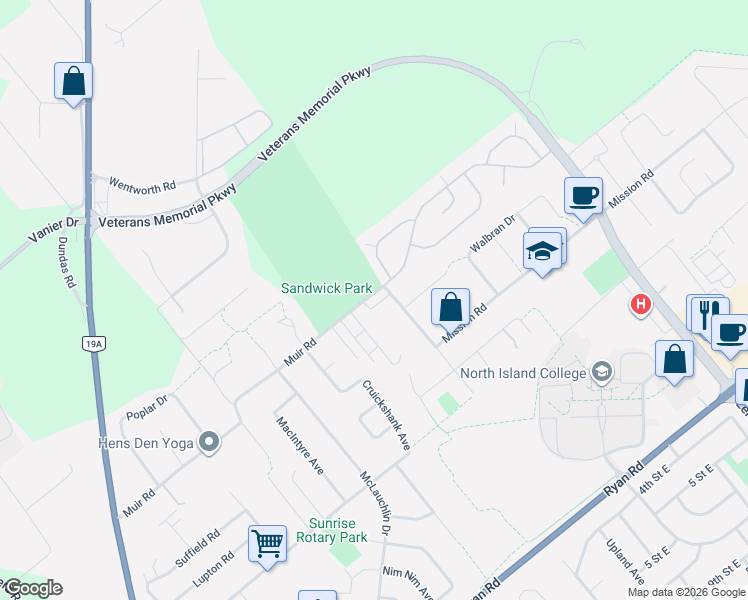 map of restaurants, bars, coffee shops, grocery stores, and more near 2625 Muir Road in Courtenay