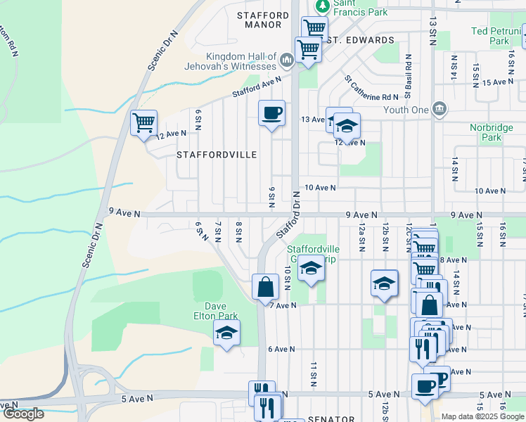 map of restaurants, bars, coffee shops, grocery stores, and more near 817 9 Avenue North in Lethbridge