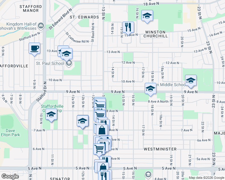 map of restaurants, bars, coffee shops, grocery stores, and more near 1401 9 Avenue North in Lethbridge
