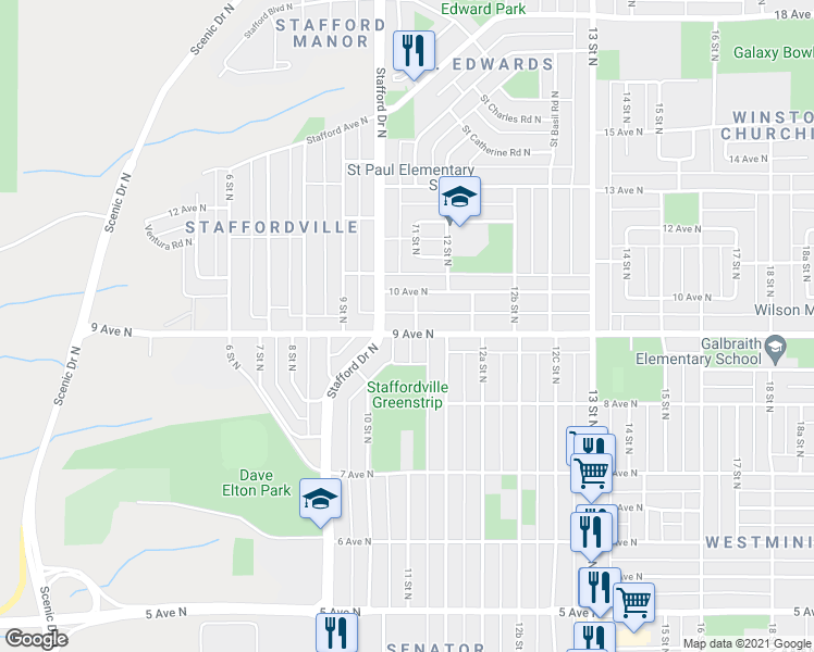 map of restaurants, bars, coffee shops, grocery stores, and more near 1021 9 Avenue North in Lethbridge