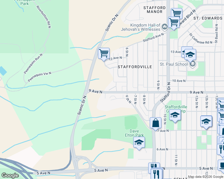 map of restaurants, bars, coffee shops, grocery stores, and more near 529 9 Avenue North in Lethbridge