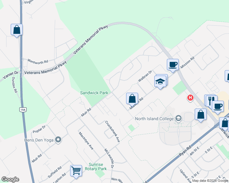 map of restaurants, bars, coffee shops, grocery stores, and more near 4714 Muir Road in Courtenay