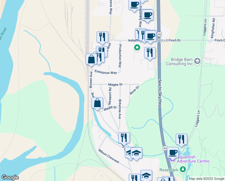 map of restaurants, bars, coffee shops, grocery stores, and more near 38870 Newport Road in Squamish