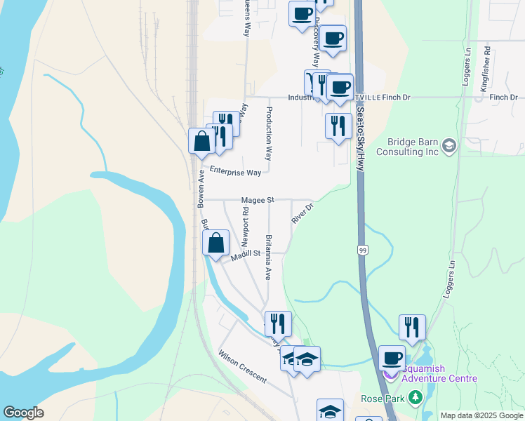 map of restaurants, bars, coffee shops, grocery stores, and more near 38883 Britannia Avenue in Squamish