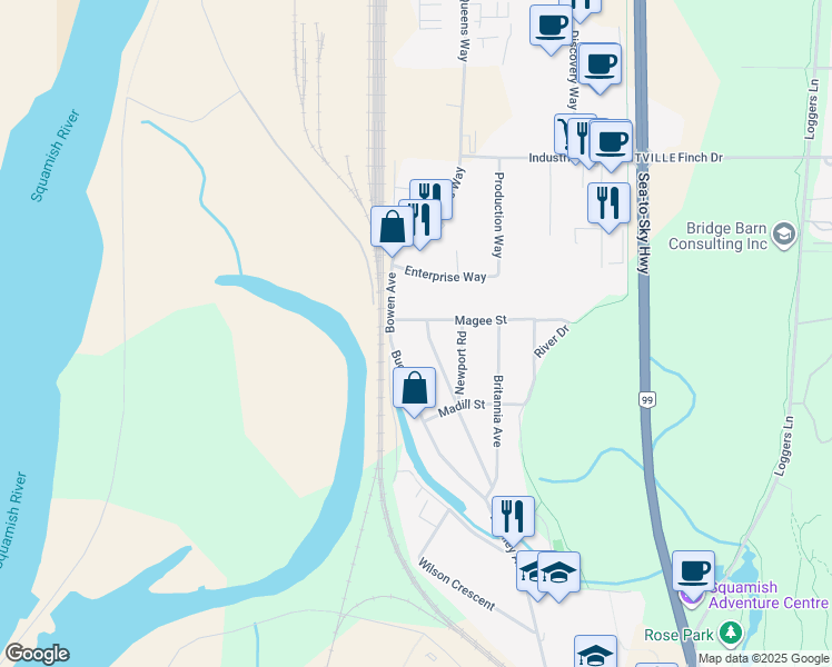map of restaurants, bars, coffee shops, grocery stores, and more near 38891 Garibaldi Avenue in Squamish