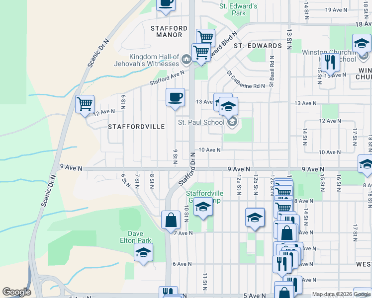 map of restaurants, bars, coffee shops, grocery stores, and more near 1002 Stafford Drive North in Lethbridge