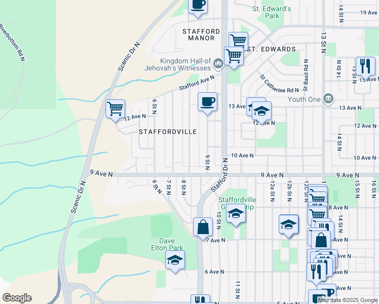map of restaurants, bars, coffee shops, grocery stores, and more near 1009 8 Street North in Lethbridge