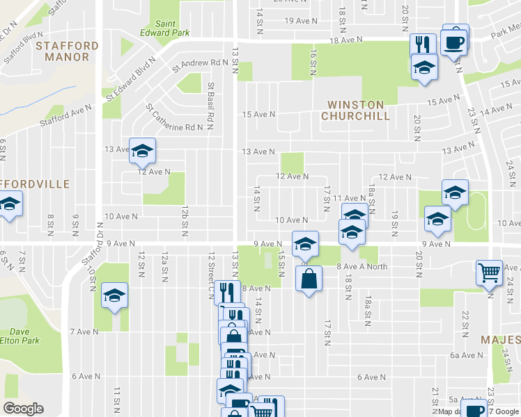 map of restaurants, bars, coffee shops, grocery stores, and more near 1009 14 Street North in Lethbridge