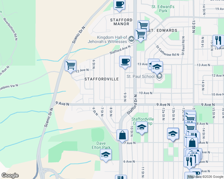 map of restaurants, bars, coffee shops, grocery stores, and more near 1010 8 Street North in Lethbridge