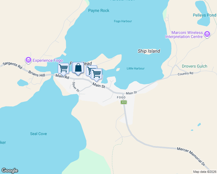 map of restaurants, bars, coffee shops, grocery stores, and more near 65 Main Street in Fogo Island