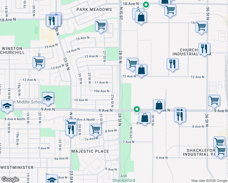 map of restaurants, bars, coffee shops, grocery stores, and more near 1017 27A Street North in Lethbridge