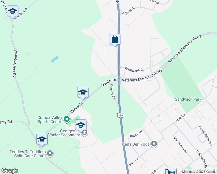 map of restaurants, bars, coffee shops, grocery stores, and more near 4861 Dundas Road in Courtenay