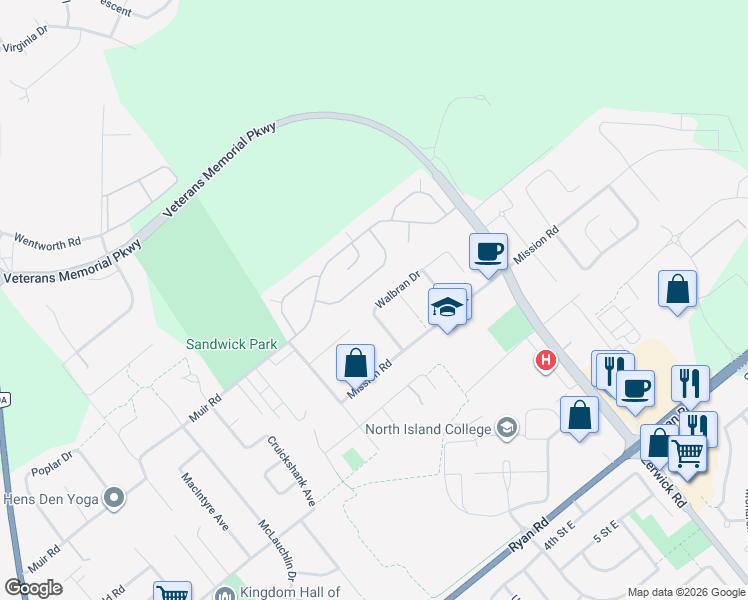 map of restaurants, bars, coffee shops, grocery stores, and more near 2289 Walbran Drive in Courtenay