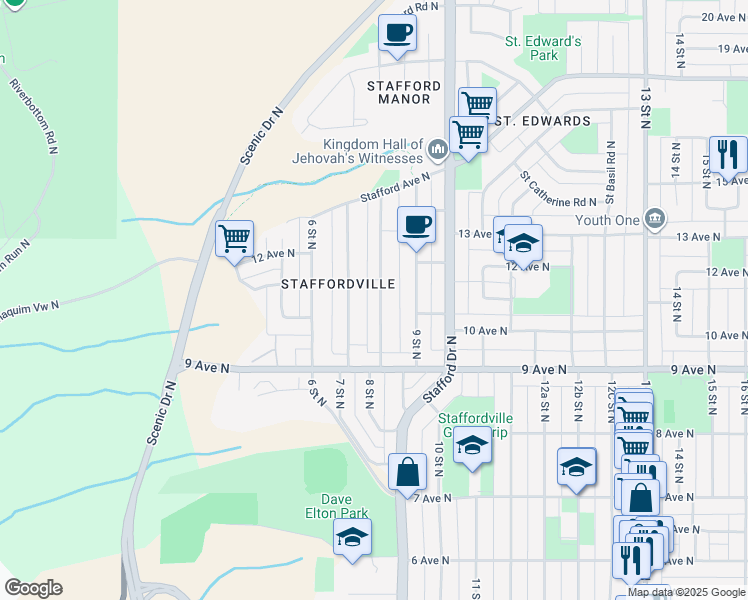 map of restaurants, bars, coffee shops, grocery stores, and more near 1024 8 Street North in Lethbridge