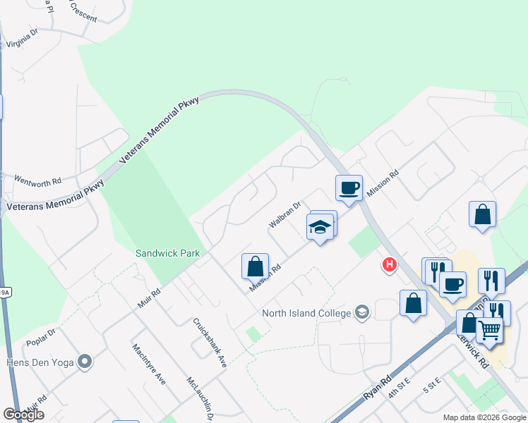 map of restaurants, bars, coffee shops, grocery stores, and more near 2289 Walbran Drive in Courtenay