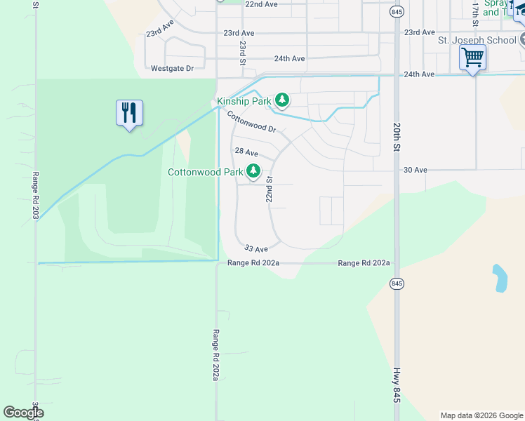 map of restaurants, bars, coffee shops, grocery stores, and more near 3120 22nd Street in Coaldale