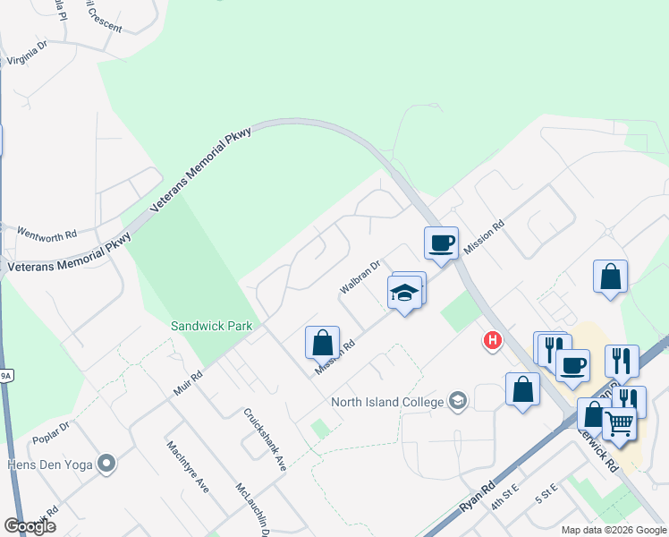 map of restaurants, bars, coffee shops, grocery stores, and more near 2289 Walbran Drive in Courtenay
