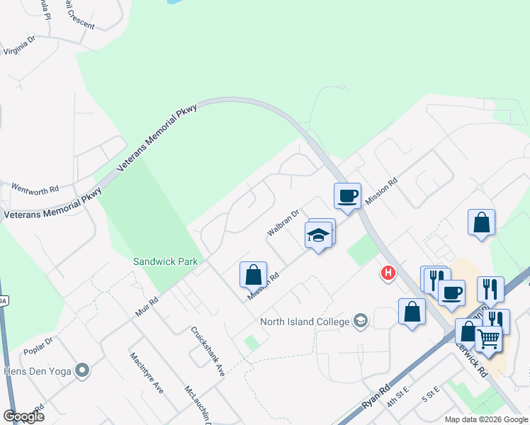 map of restaurants, bars, coffee shops, grocery stores, and more near Mustang Lane in Courtenay