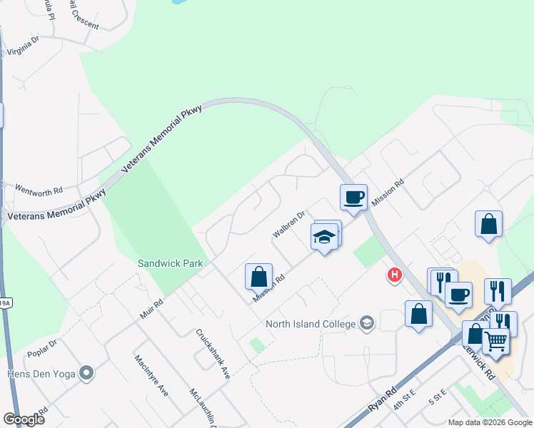 map of restaurants, bars, coffee shops, grocery stores, and more near 2289 Walbran Drive in Courtenay