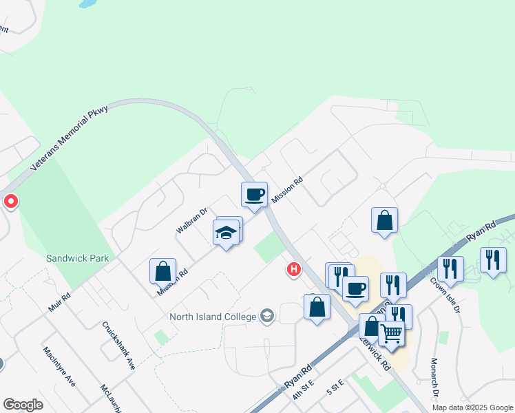 map of restaurants, bars, coffee shops, grocery stores, and more near 2600 Mission Road in Courtenay