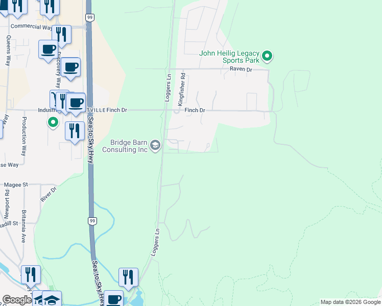 map of restaurants, bars, coffee shops, grocery stores, and more near Robin Drive in Squamish