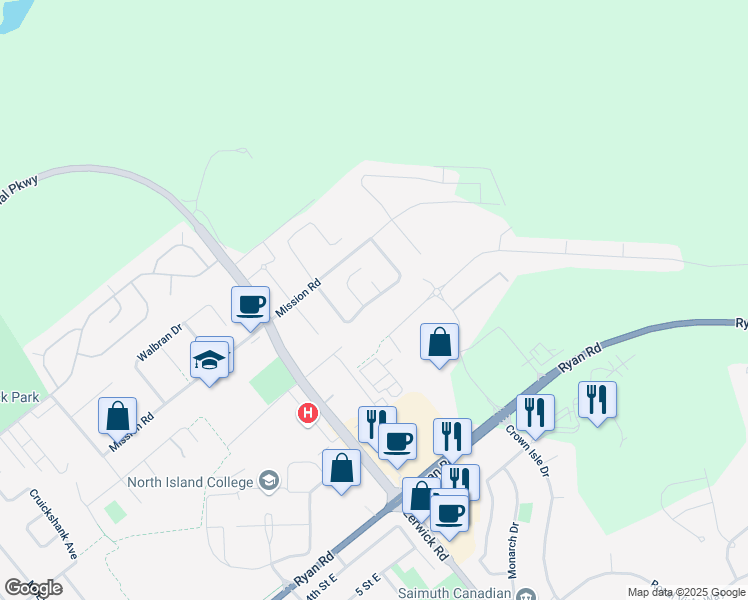 map of restaurants, bars, coffee shops, grocery stores, and more near Elderberry Crescent in Courtenay