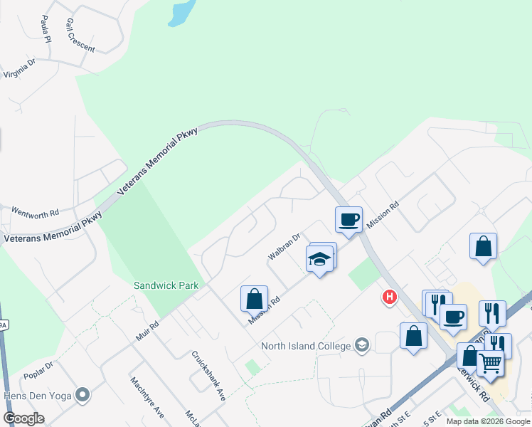 map of restaurants, bars, coffee shops, grocery stores, and more near Mustang Lane in Courtenay