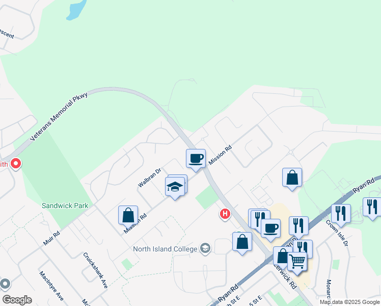 map of restaurants, bars, coffee shops, grocery stores, and more near 2600 Mission Road in Courtenay