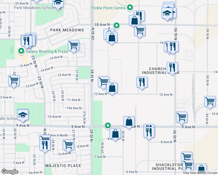 map of restaurants, bars, coffee shops, grocery stores, and more near 1300 29 Street North in Lethbridge