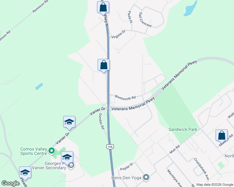 map of restaurants, bars, coffee shops, grocery stores, and more near 2828 Wentworth Road in Courtenay
