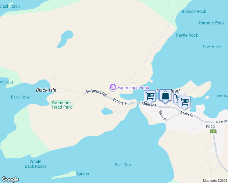 map of restaurants, bars, coffee shops, grocery stores, and more near 5 North Shore Road in Fogo Island