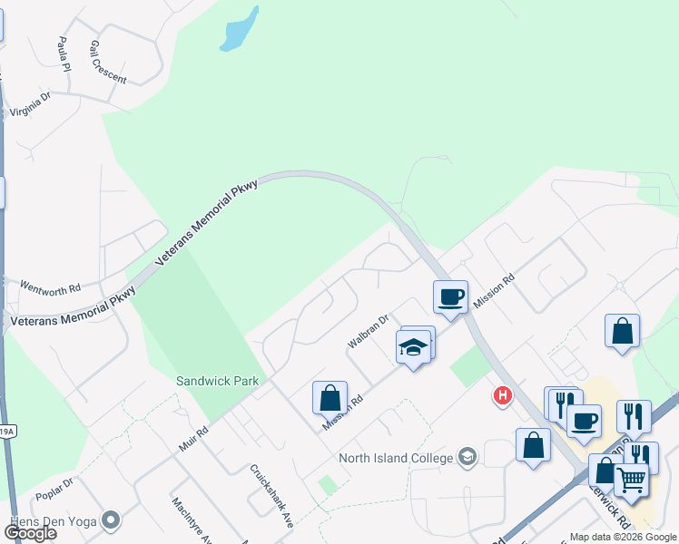 map of restaurants, bars, coffee shops, grocery stores, and more near Mustang Lane in Courtenay
