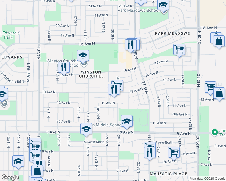 map of restaurants, bars, coffee shops, grocery stores, and more near 1904 13 Avenue North in Lethbridge