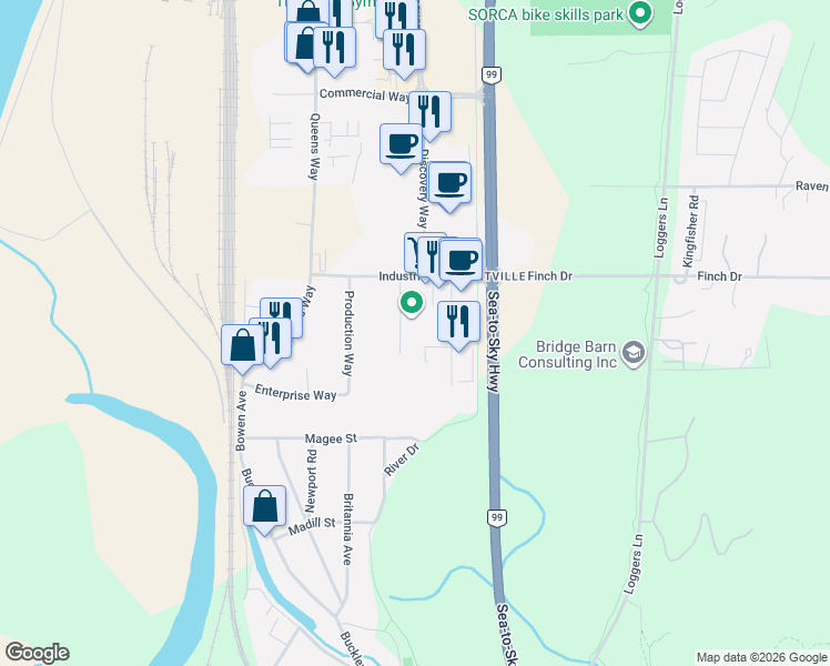 map of restaurants, bars, coffee shops, grocery stores, and more near 38926 Mid Way in Squamish