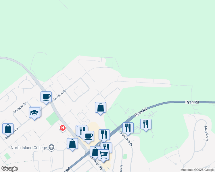 map of restaurants, bars, coffee shops, grocery stores, and more near 1132 Crown Isle Boulevard in Courtenay