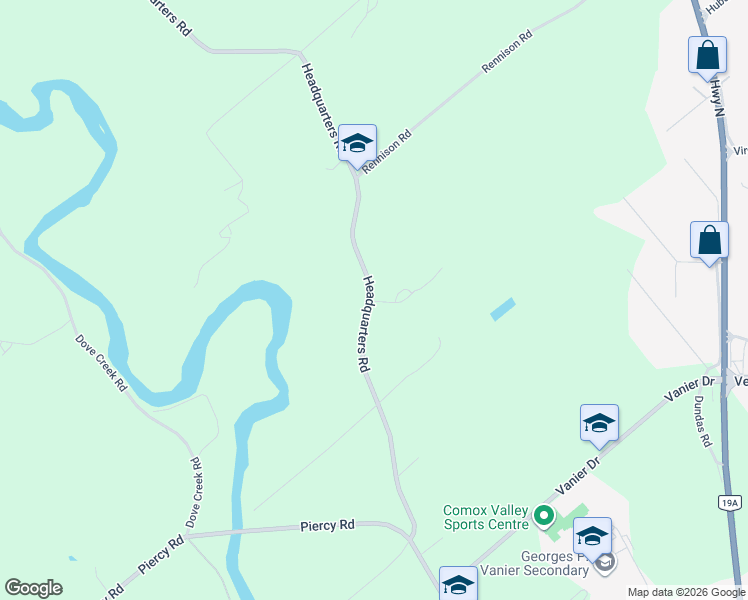 map of restaurants, bars, coffee shops, grocery stores, and more near 5028 Headquarters Road in Courtenay