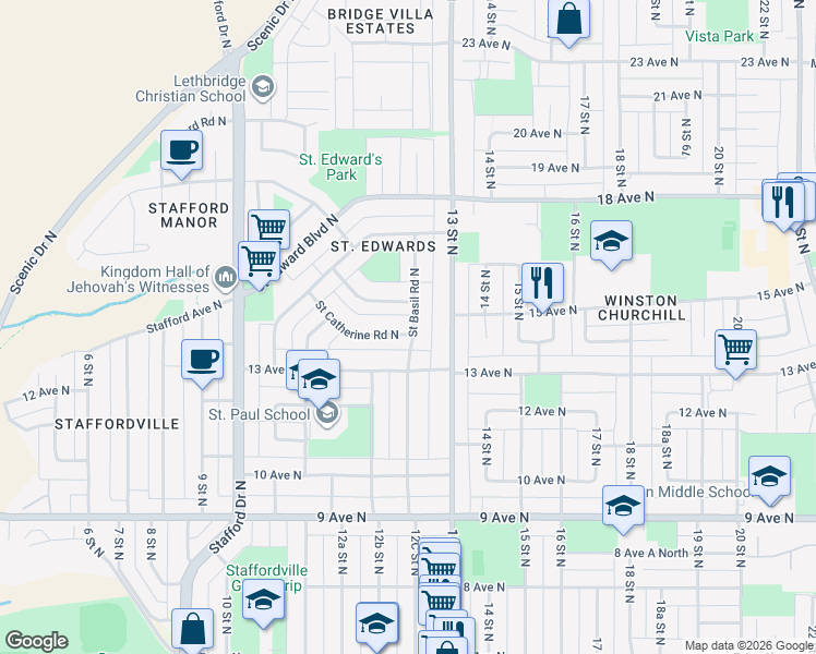 map of restaurants, bars, coffee shops, grocery stores, and more near 1259 Saint Catherine Road North in Lethbridge