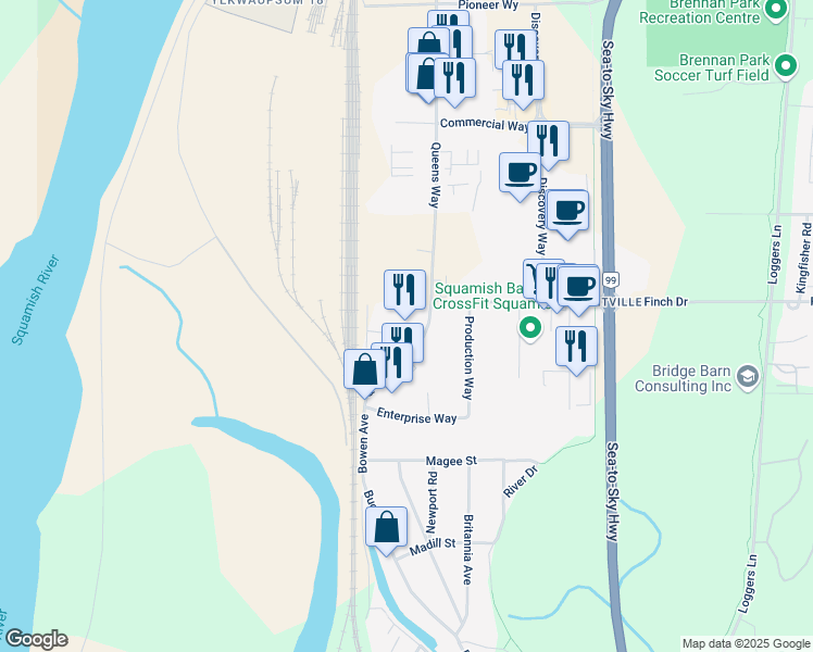 map of restaurants, bars, coffee shops, grocery stores, and more near 38927 Queens Way in Squamish