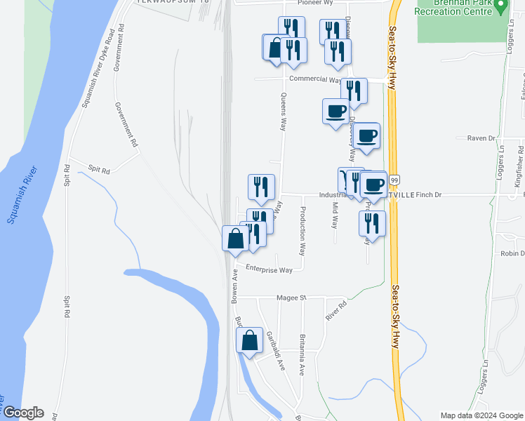 map of restaurants, bars, coffee shops, grocery stores, and more near 38927 Queens Way in Squamish
