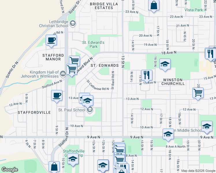 map of restaurants, bars, coffee shops, grocery stores, and more near 1259 Saint Catherine Road North in Lethbridge