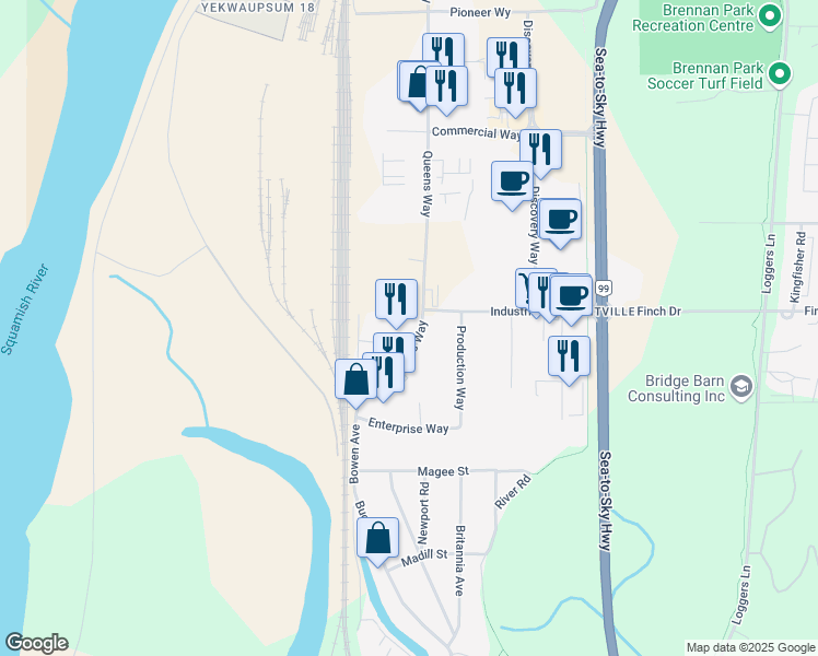 map of restaurants, bars, coffee shops, grocery stores, and more near 38927 Queens Way in Squamish