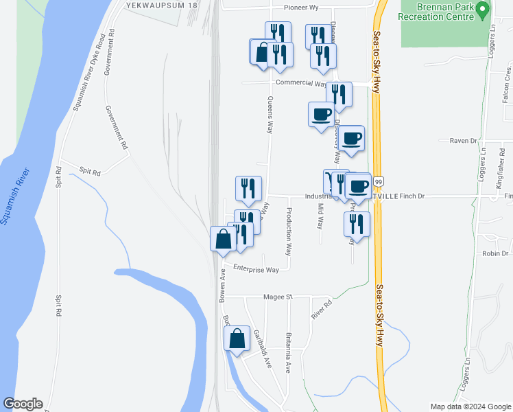 map of restaurants, bars, coffee shops, grocery stores, and more near 38931 Queens Way in Squamish