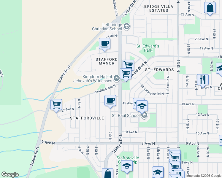 map of restaurants, bars, coffee shops, grocery stores, and more near 1333 9 Street North in Lethbridge