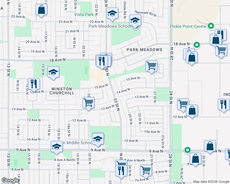 map of restaurants, bars, coffee shops, grocery stores, and more near 1409 23 Street North in Lethbridge
